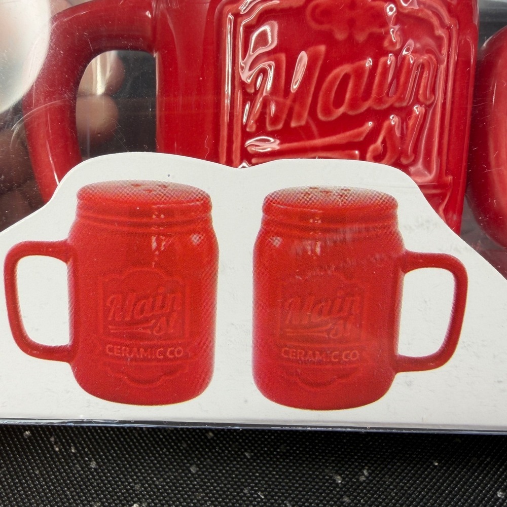 American Atelier Main St Ceramic Co Red Mason Jar Mug Salt and Pepper Shaker Set - Picture 7 of 11